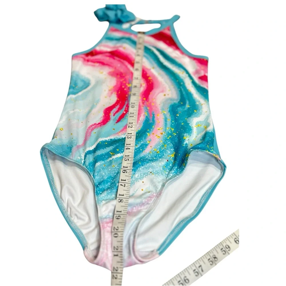 Leotard Girls 2XL (12-13Y) Sleeveless Joystream Pink Blue Gold w/scrunchie